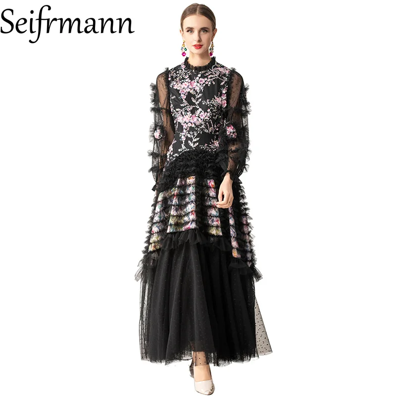 Seifrmann 2026 lente dames nieuwe modieuze ronde hals lange mouw pailletten splicing mesh taille cinching jurk