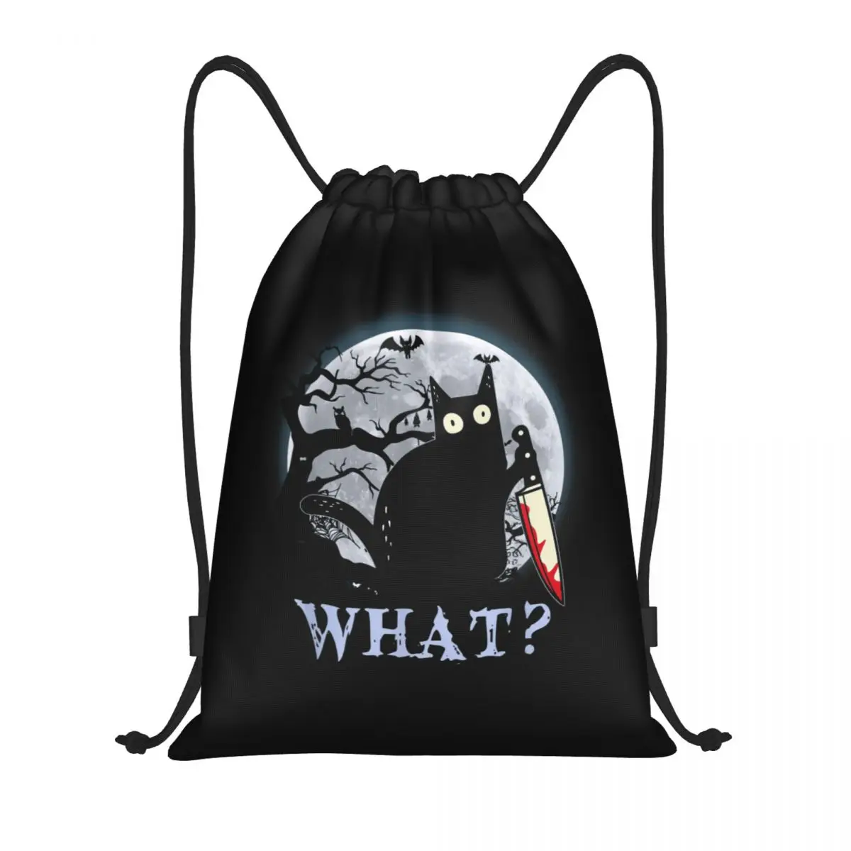 Custom Funny Cat What Murderous Black Cat With Knife Drawstring Bag  Portable Sports Gym Sackpack Halloween Shopping Backpacks