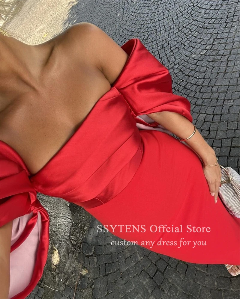 SSYTENS-Sexy Red Mermaid Evening Dresses das mulheres, festa, fora das mangas do ombro, vestido do convidado do casamento, vestidos de baile simples