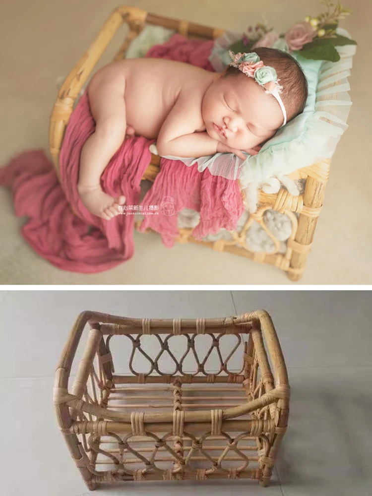 Rattan Basket for Newborn Photography Handwork Woven Retro Basket Chair Baby Posing Props Studio Shooting Container Accessories