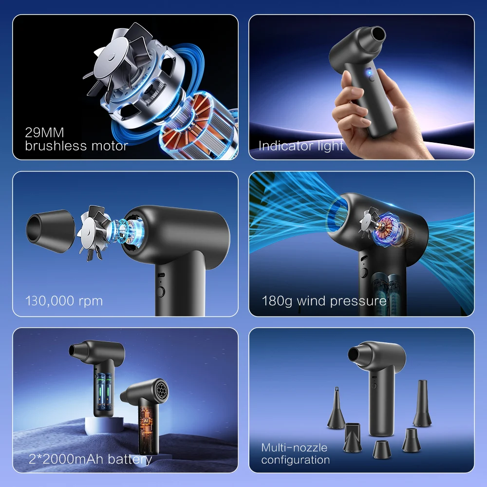  أدوات تنظيف محمولة بمروحة توربو جيت لإزالة ثلج السيارة ونفخ لاسلكي اكسسوارات السيارات منفضة الهواء الكهربائية 4 التروس قابل للتعديل #3