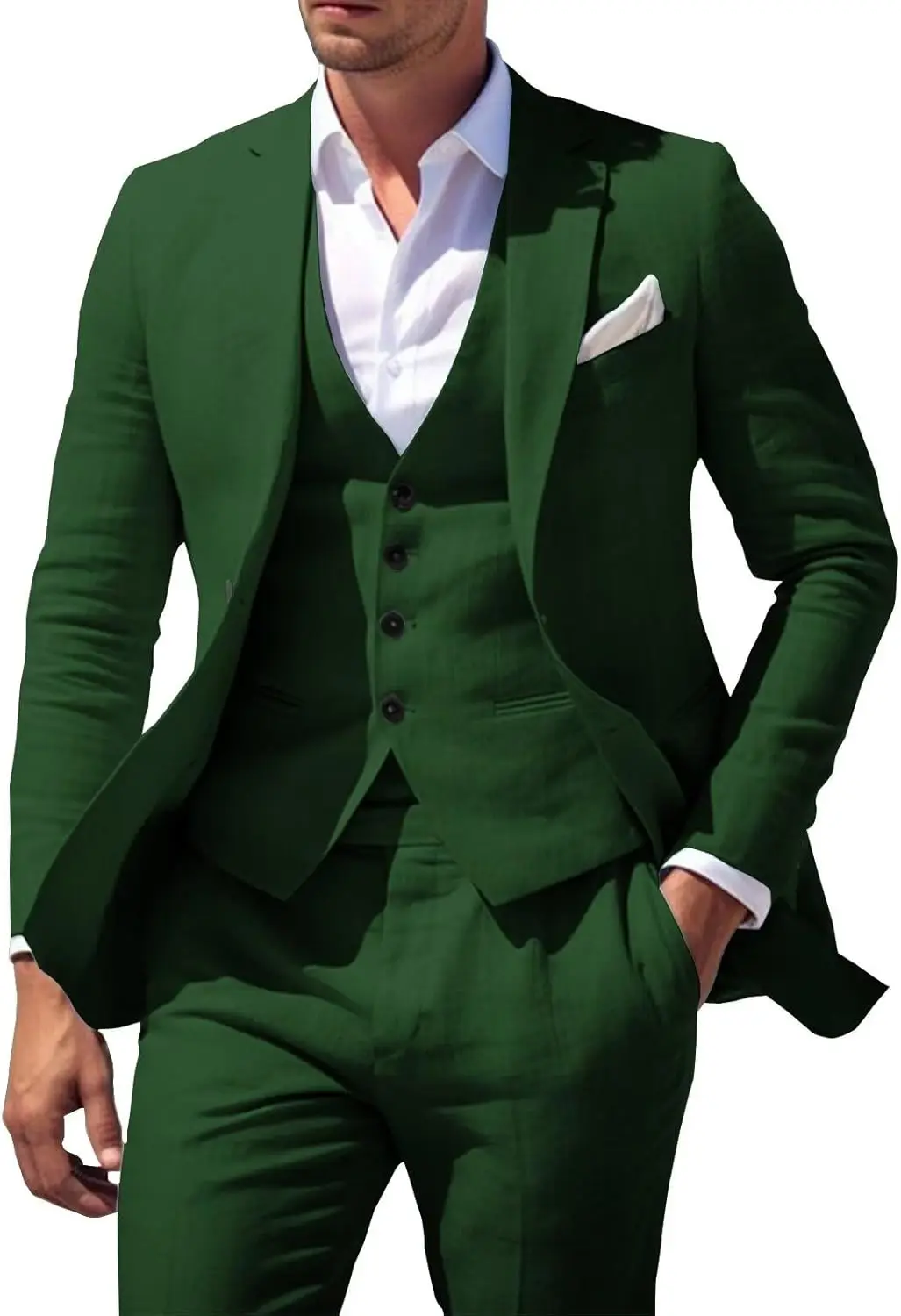 Summer Linen Men Three Piece Suit Dark Green Slim Fit Wedding Groom Tuxedo Formal Business Prom Party Blazer Waistcoat Trousers