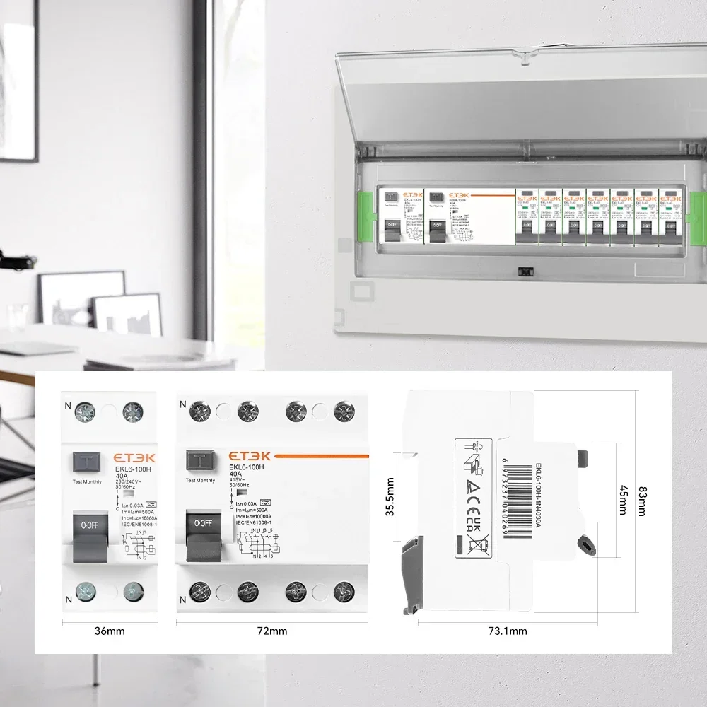 ETEK RCD RCCB typ elektromechaniczny wyłącznik różnicowo-prądowy AC 2P 2Pole 10KA 25A 40A 63A 80A 100A 230V 30ma EKL6-100H