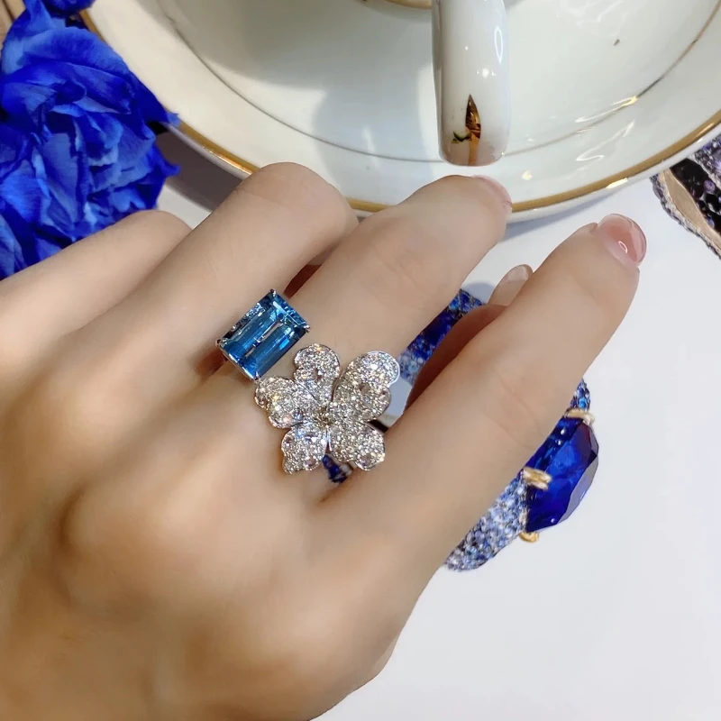 925 sterling silver French high-end sapphire open ring, women's full diamond petal ring, light luxury, niche, simple jewelry