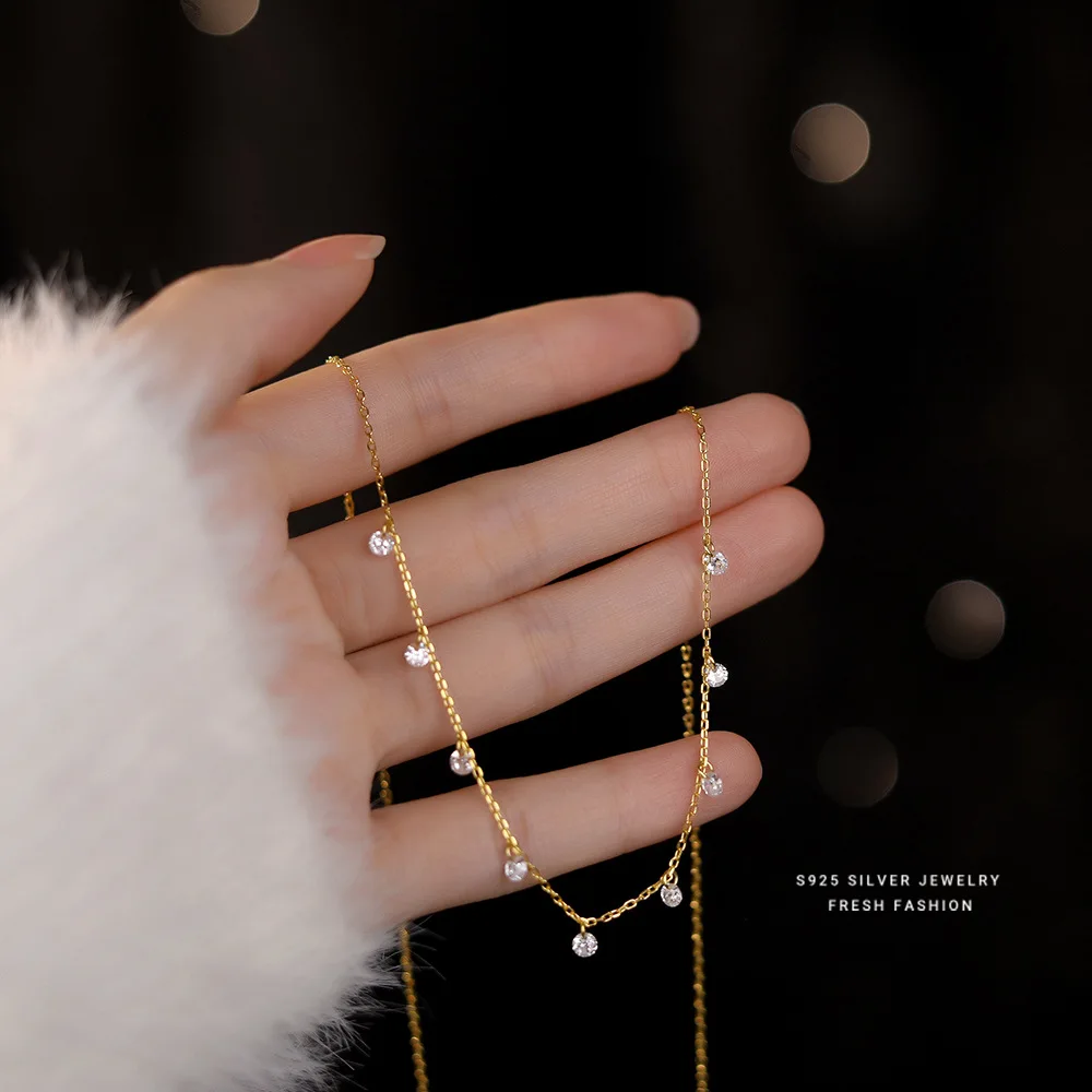 925 Sterling Silver Tassel Zirconia Delikatny naszyjnik dla kobiet Modny temperament Wszechstronna biżuteria z łańcuszkiem obojczykowym