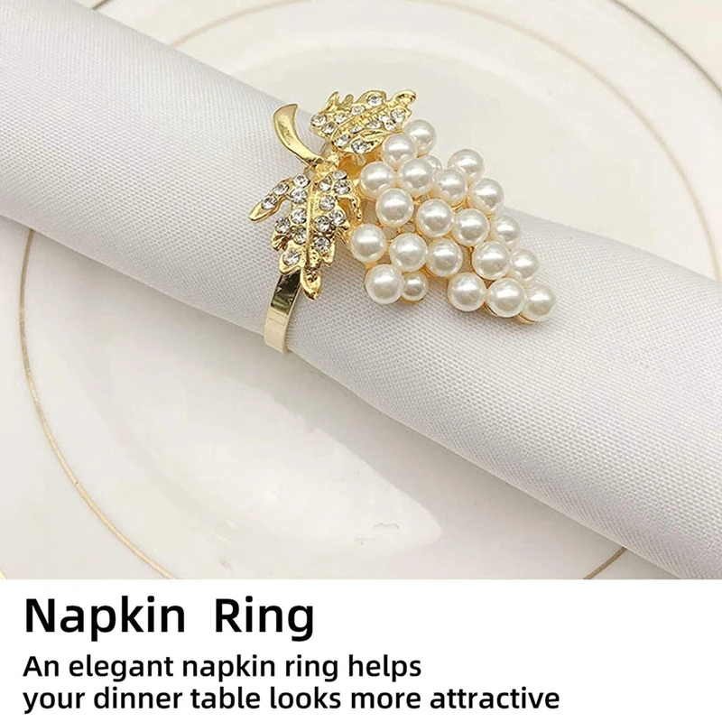 Grapes Napkin Rings Set Of 18, With Glittering Imitation Diamond And Pearls Inlay Alloy Napkin Ring Holder