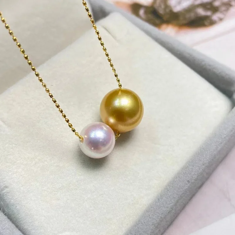 

N 8-11Mm Nanyang Gold Beads With Akoya Pearl Pendant Women's Natural Seawater Pearl Perfect Round Flaw 18K Gold