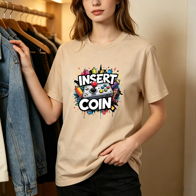 Insert Coin T-Shirt Arcade Game Controller Colorful Graffiti Graphic Tee Casual Streetwear 100% Cotton for Gamer Y2k Top