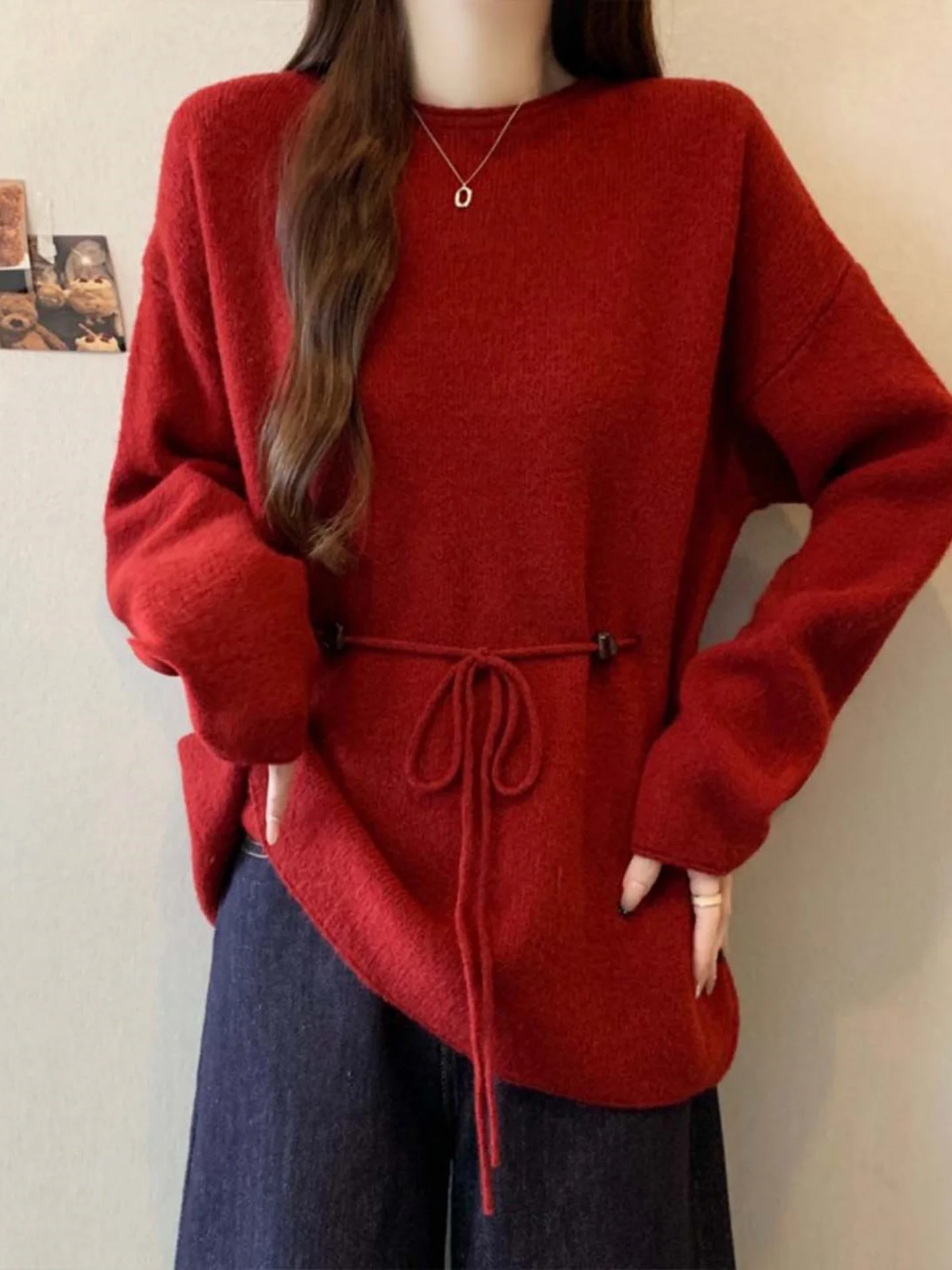 

Wine Red Long Sve Knitted Sweater Women's Autumn Winter plus Size Fat MM Anti-Aging Bead Tie Waist Top Commute Sle Loose...