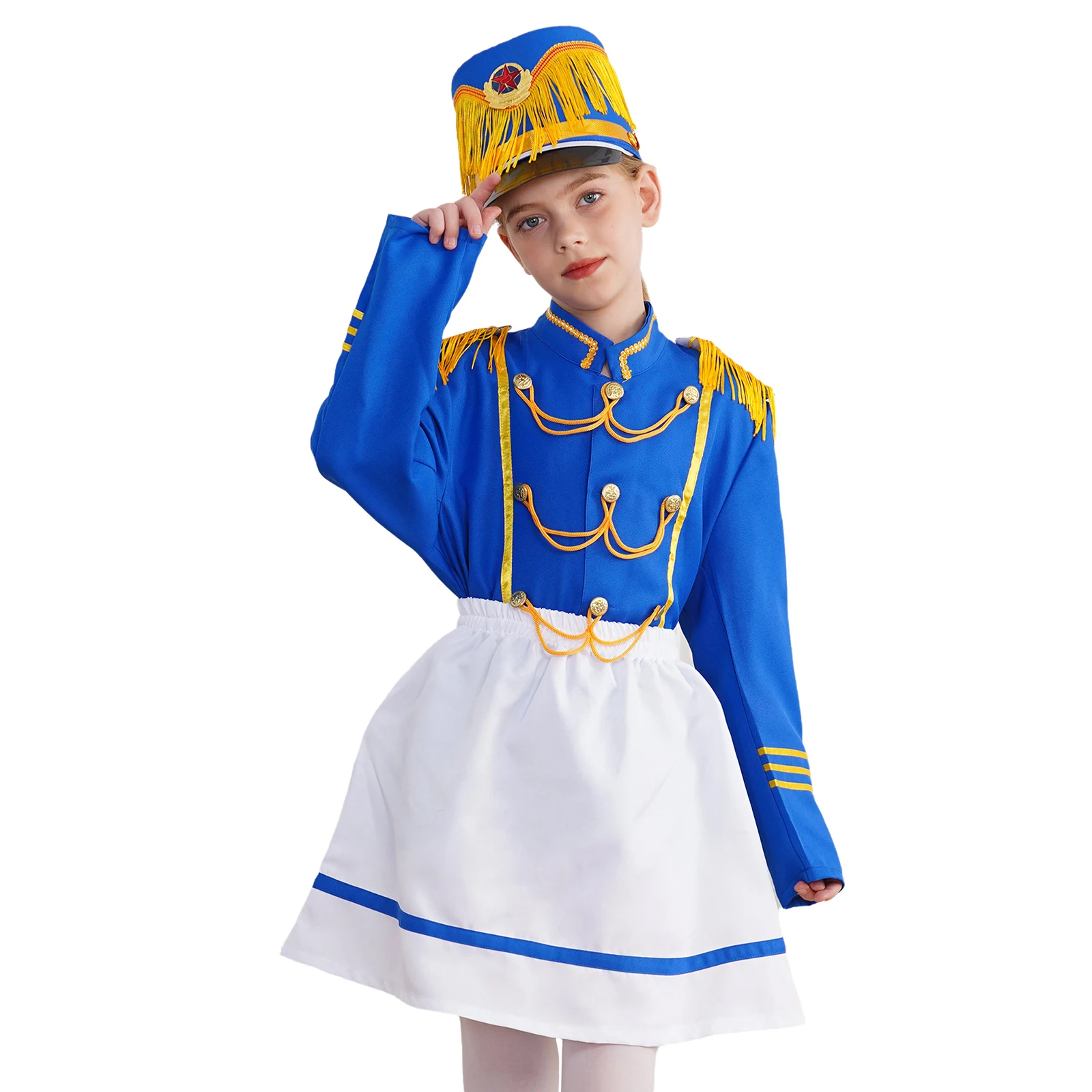 # 140-170 Girls Drum Trumpet Team Honor Guard Costume Major Top with Skirt and Cap Set Kids Uniform Cosplay Performance Outfits