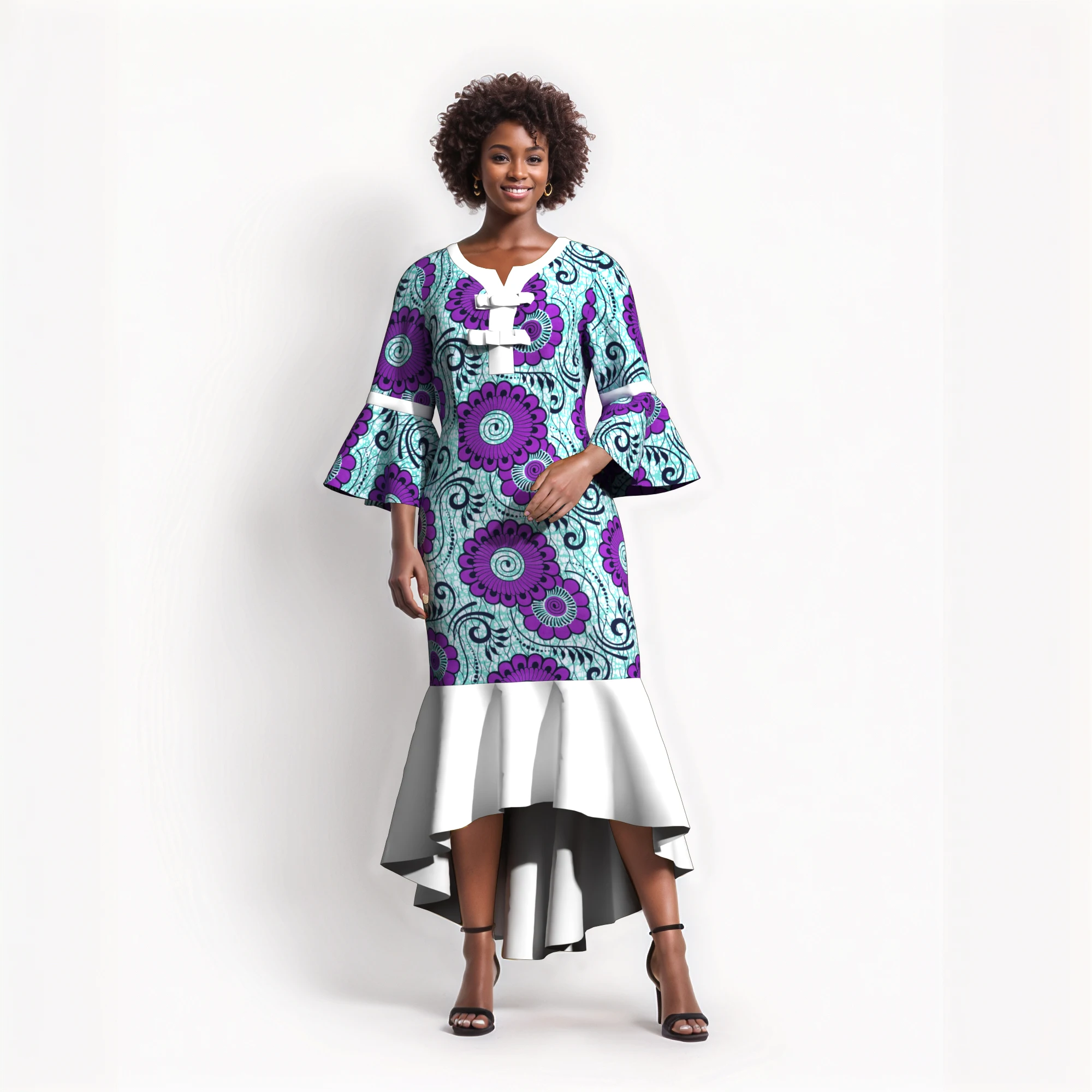 Plus Size African Kente Print Midi Dress Bell Sleeve Spliced Irregular Hem Dashiki Dress Ethnic Afrocentric Wedding Outfit