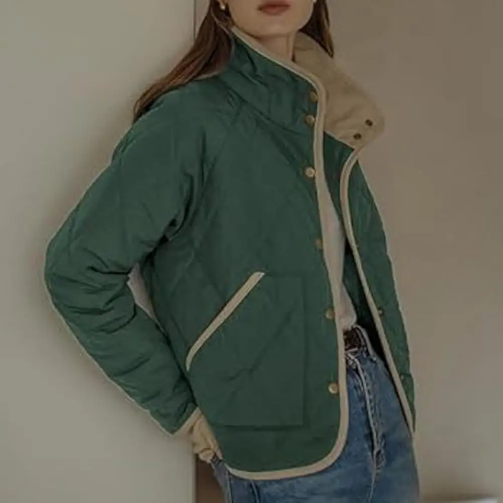 Abrigo de Otoño/Invierno para mujer con botón, cuello alto, cárdigan fino acolchado de manga larga, chaqueta con bolsillos, abrigo de trabajo para uso diario