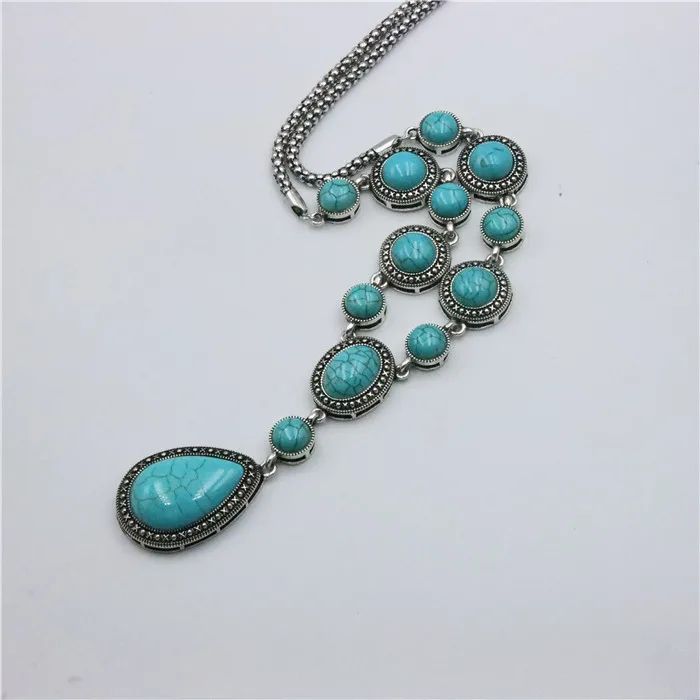 ZFSILVERFashion Retro Ethnic Sliver Plated Synthetic Turquoise Waterdrop Round Sweater Neckalce For Bohemian Jewelry Accessories