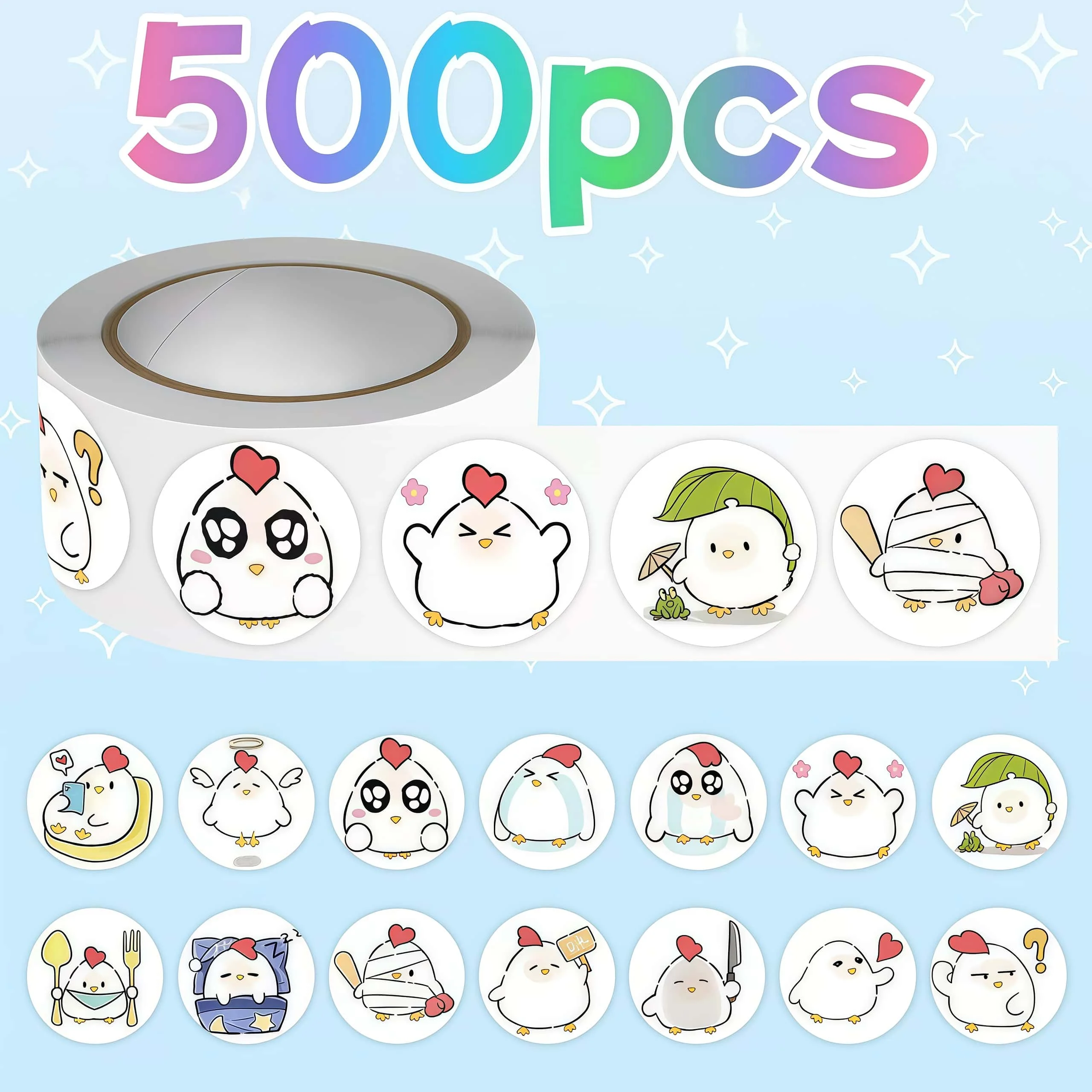 500Pcs Cute Heart Top Chick Round Sticker Roll, Cartoon Chicken Multi Expression Labels for Package Sealing Journal Scrapbook