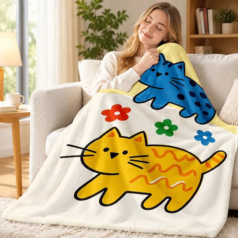 Cute Cat Throw Blanket Blue Yellow Playful Kitten Bright Floral Print Soft Flannel for Living Room Couch Lounge Home Decor Gift