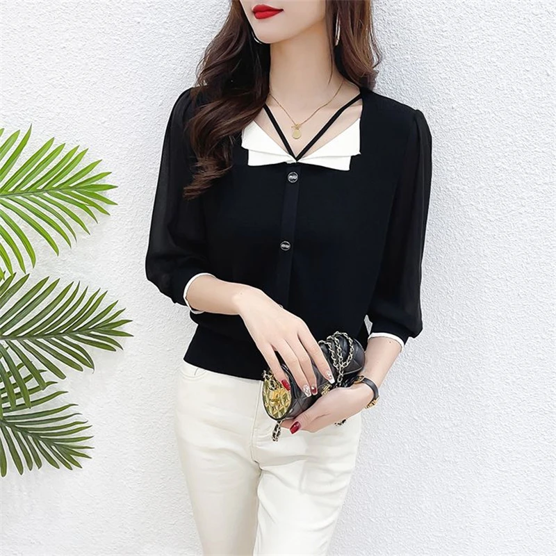 Women Clothing Fashion Contrast Color Elegant Chic Ice Silk Knitwears Female Korean V Neck Hollow 3/4 Sleeve Slim Pullover Tops