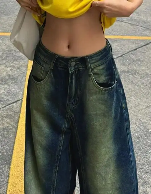 Vaqueros de mujer de nicho degradado Retro para primavera/verano 2025, nueva moda, pantalones de pierna ancha holgados de cintura media para mujer