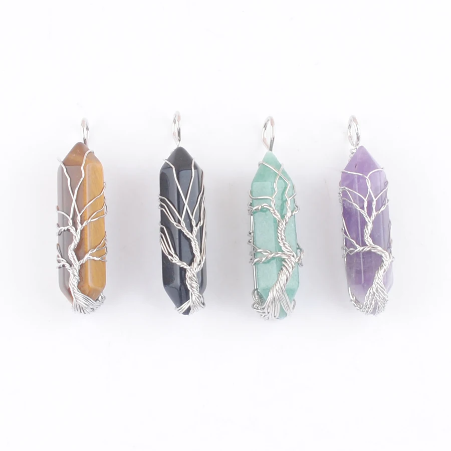 

Natural Stone Pendant Handmade Wire Wrapped Gemstones Hexagonal Prism Pointed Charm Reiki Healing Jewelry 5Pcs ABN497