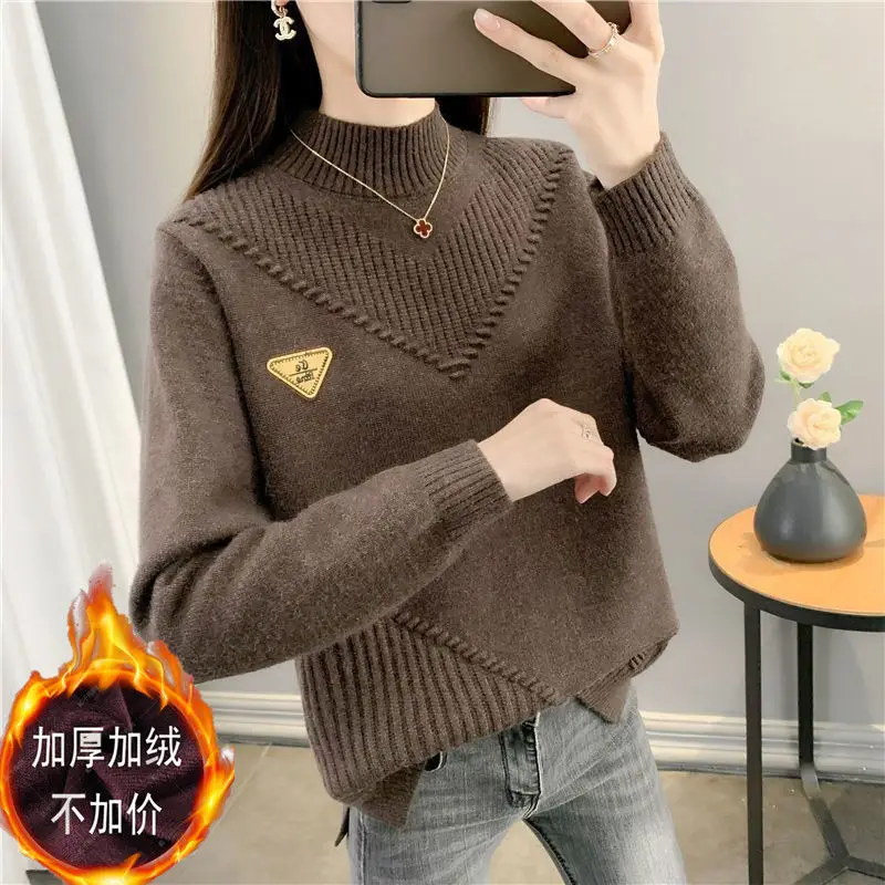 Autumn and Winter Women\'s Solid Half High Collar Long Sleeve Bright Line Decoration Epaulet Sweaters Jumpers Fashion Tops