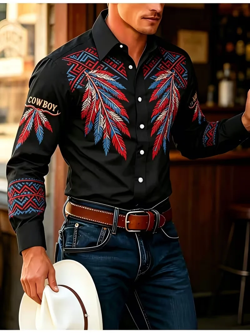New men's curved palm leaf gold foil glitter print long sleeved shirt matte smooth satin lapel top clothing