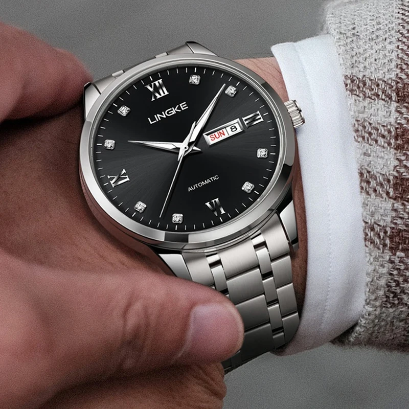 LINGKE Orologio da uomo meccanico originale di nuova moda Orologio da uomo automatico da lavoro con calendario luminoso impermeabile in acciaio inossidabile