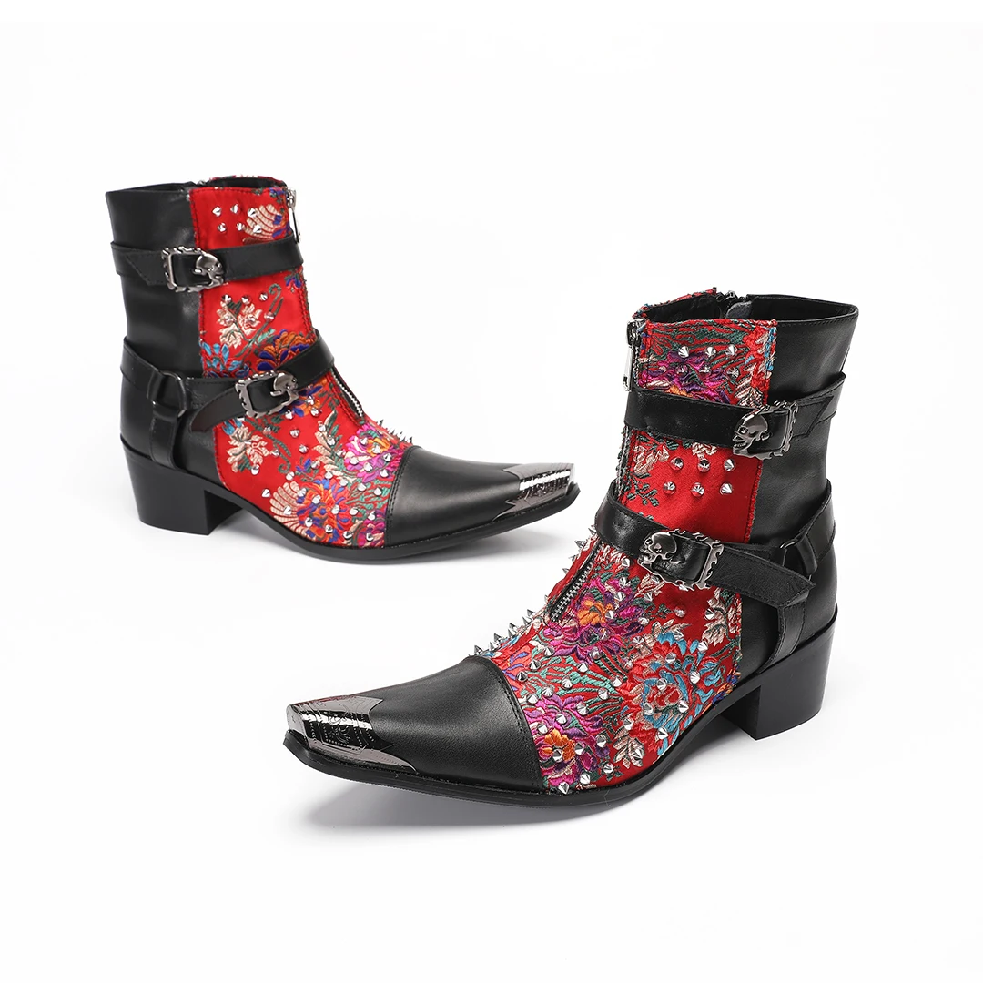 

Luxury Design Red Embroidery Rivet Men Boots Genuine Leather Metal Pointed Toe Chelsea Boots Male Party Dress Shoes