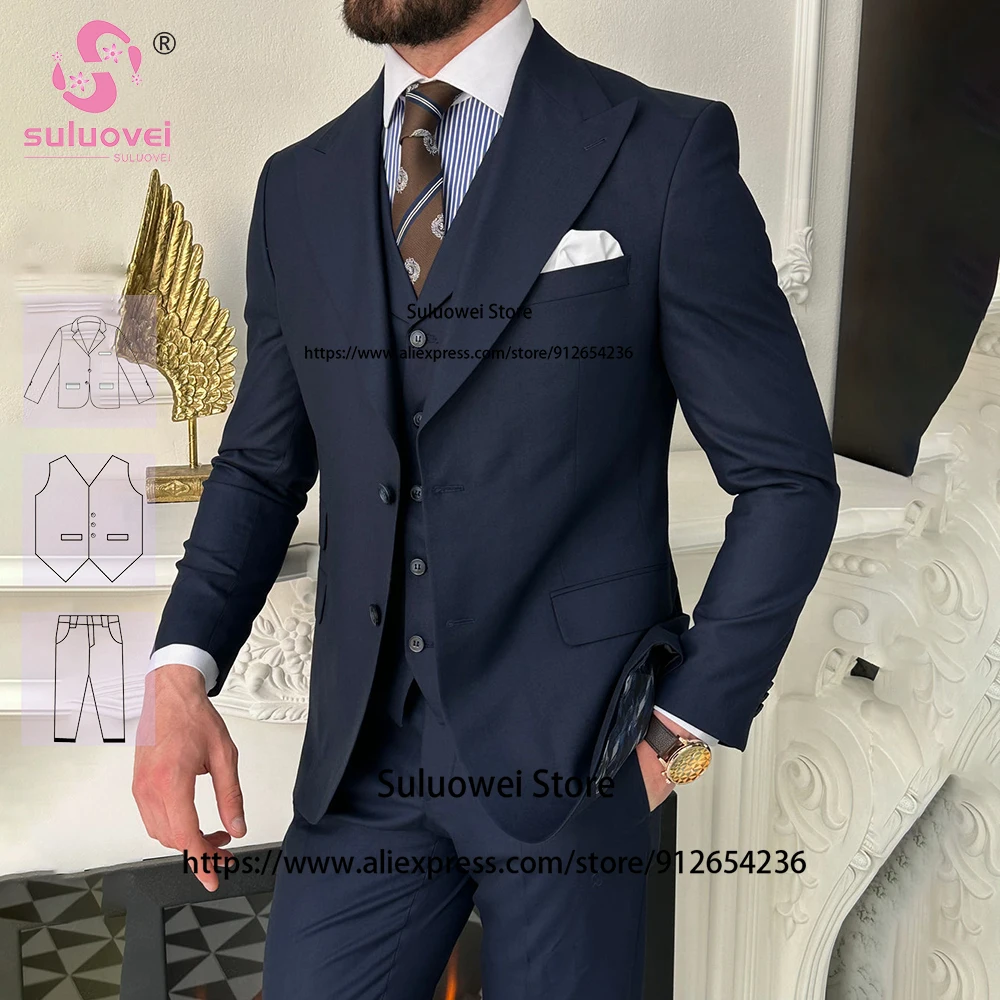 

Classic Navy Blue Slim Fit Suits For Men 3 Piece Pants Set Formal Groom Wedding Dinner Prom Peaked Lapel Tuxedo Blazer Masculino