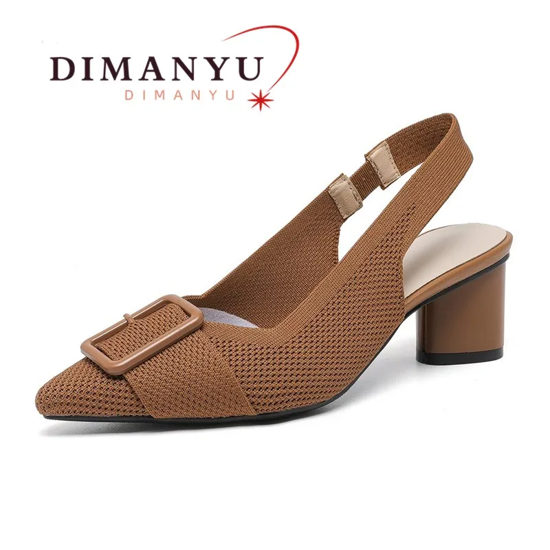 

DIMANYU Women Shoes Spring 2024 New Pointed Toe Flat Knit Cutout Shoes Women Buckle Mid Heel Large Size Shoes Women