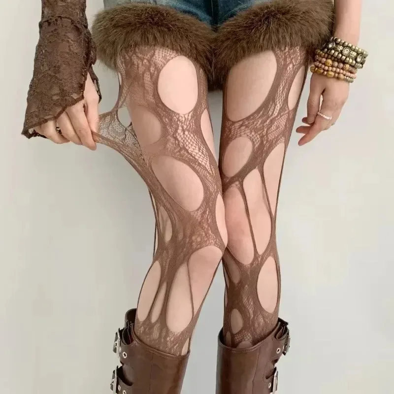 

Gothic Women's Irregular Exposed Skin Tights Ripped Fishnet Thin Pantyhose Punk Y2K Hollowed-out Retro Lace Sexy Silk Stockings