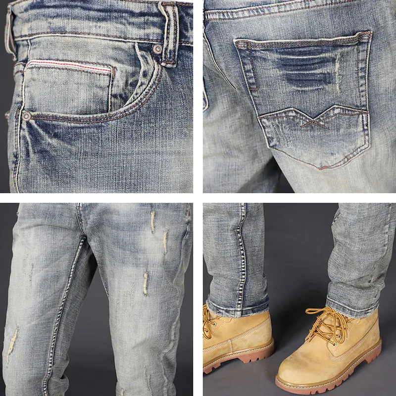 Newly Designer Fashion Men Jeans Retro Yellow Blue Elastic Slim Fit Ripped Jeans Men Italian Vintage Casual Denim Pants Hombre