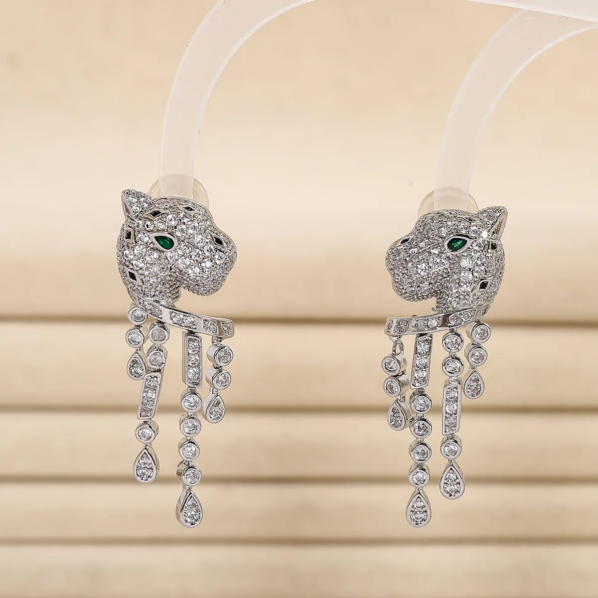 

New European & American Animal Stud Earrings, Leopard Head with Long Tassel, S925 Silver Pin, Zircon Inlaid Jewelry Wholesale