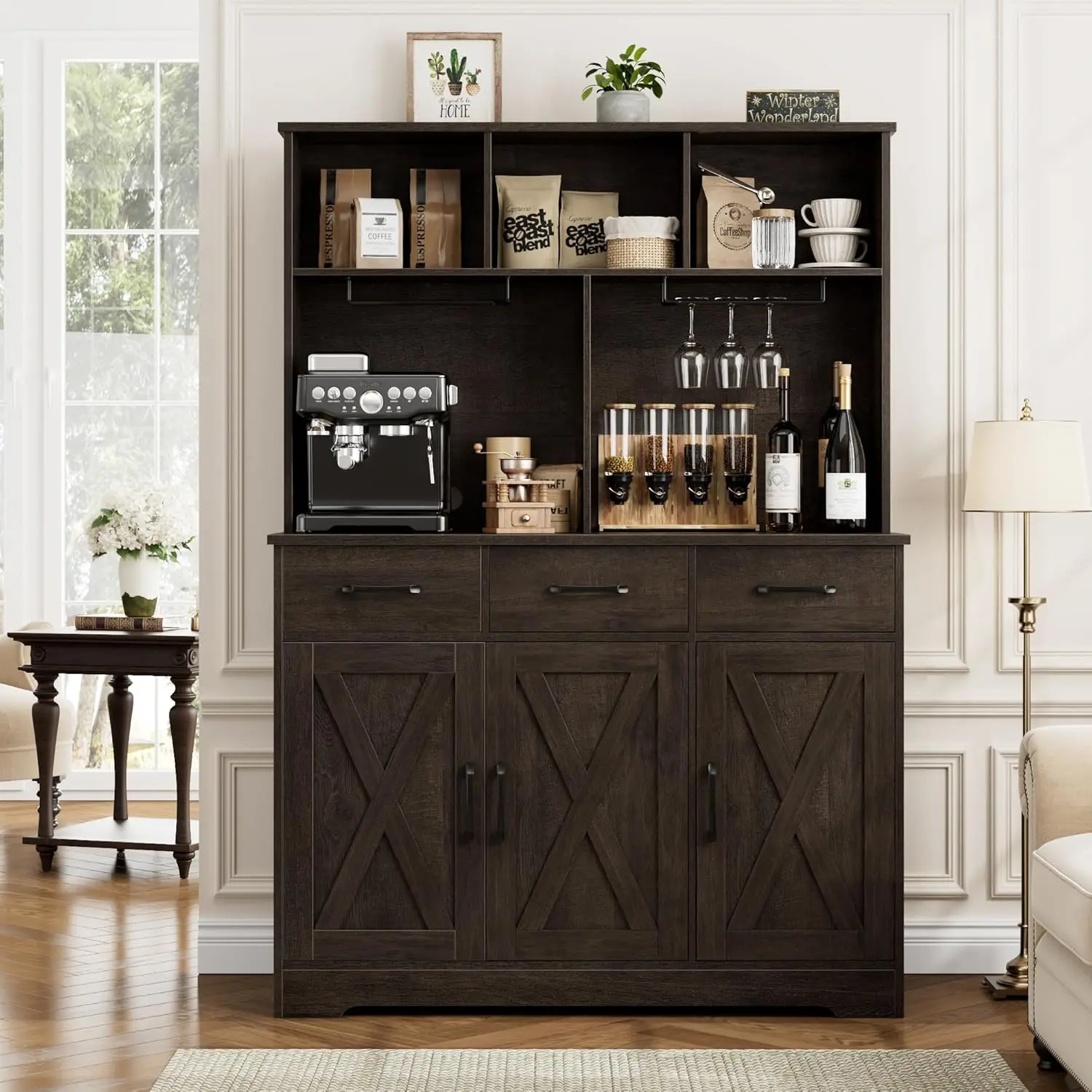 Buffet Cabinet with Hutch, Modern Farmhouse Kitchen Buffet Sideboard Storage Cabinet with 3 Drawers, Barn Door Coffee Bar Statio