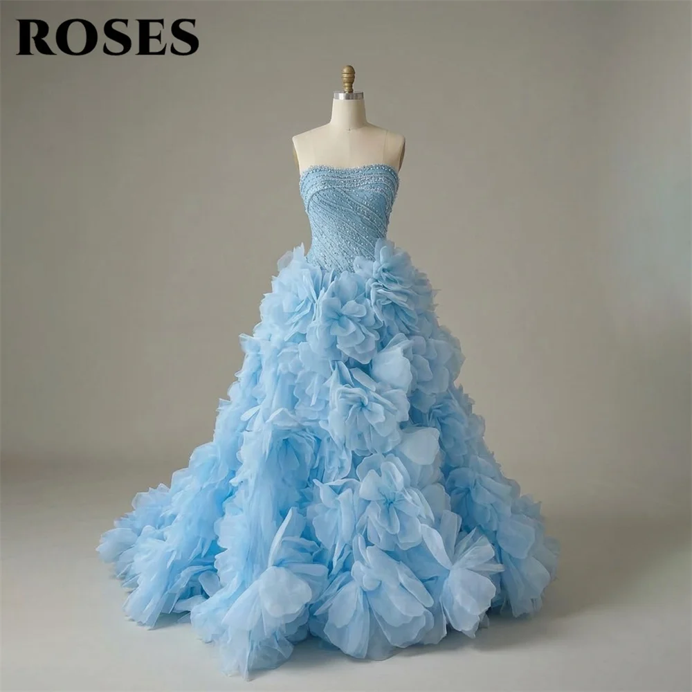 

ROSES Sky Blue Party Dress Strapless Beaded Evening Dress 3D Floral Tulle فستان سهرة Lace Up Back Prom Gown Customized