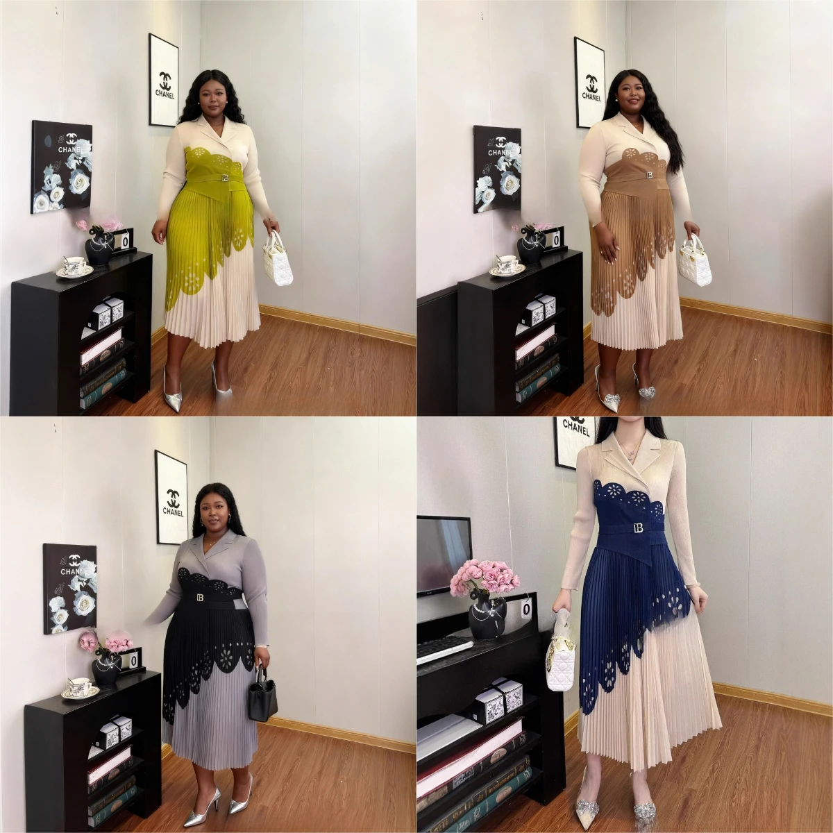 

Miyake Fold 2025 New Spring and Autumn Fashion Splicing Color Contrasting Dress, Suit Collar, Concealed Meat, Large Women's Wear