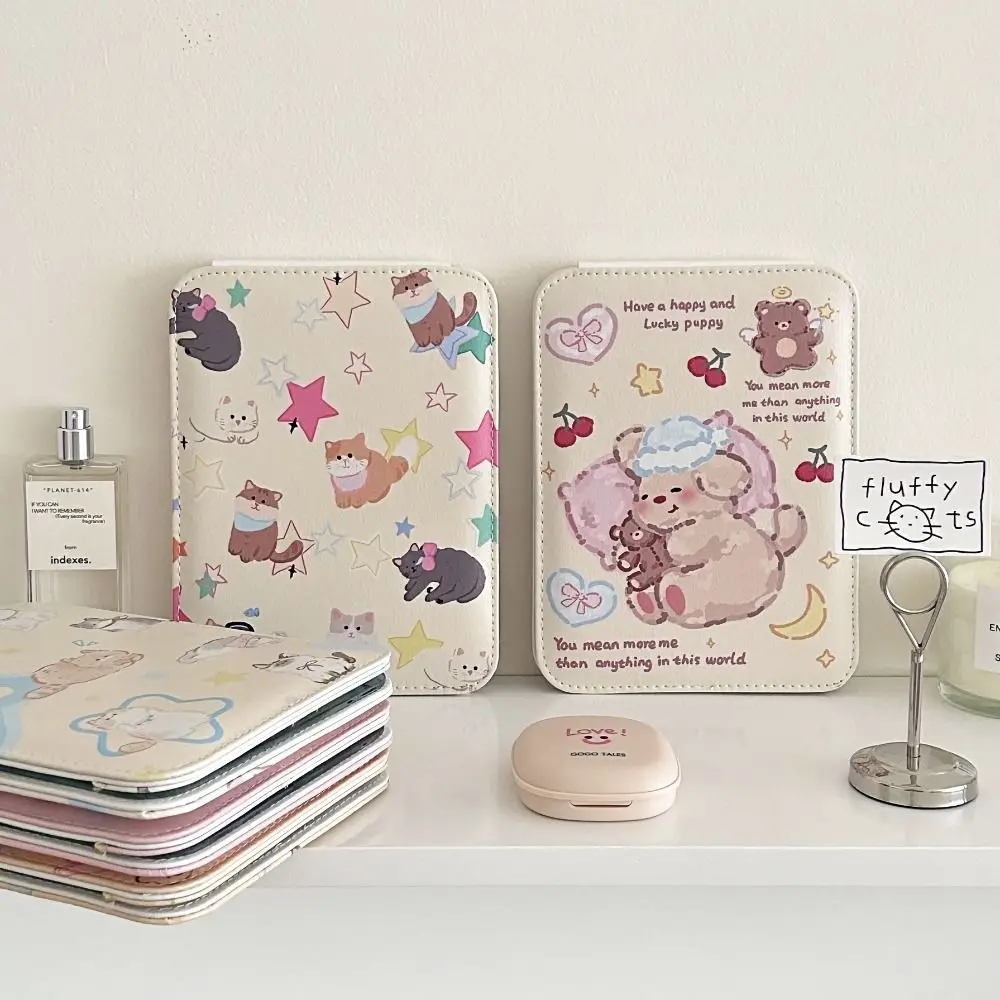 Beauty Pu Leather Desktop Stand Mirror Cartoon Puppy Flower Fold Makeup Mirror Easy To Carry Folding Vanity Mirror Dormitory