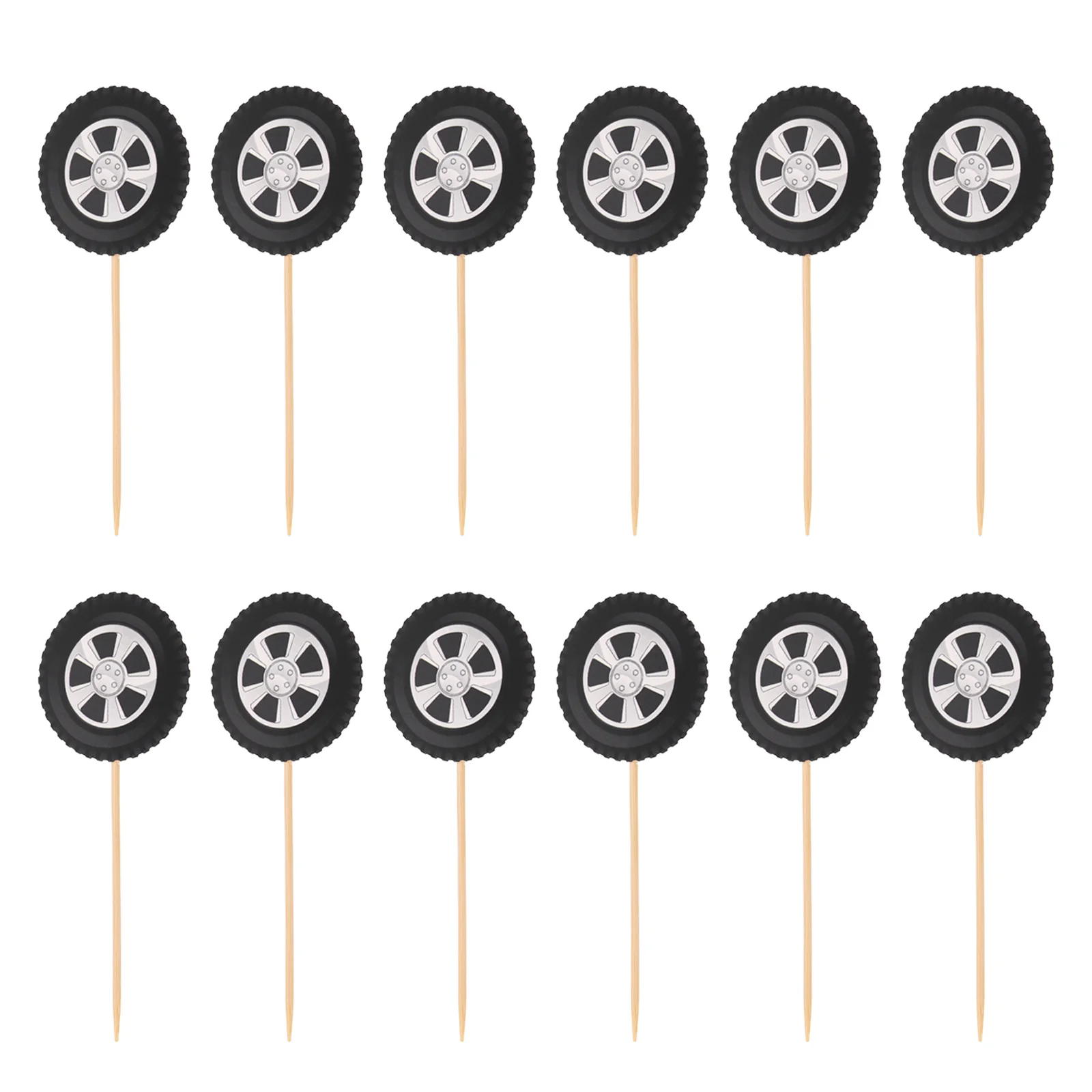 

20 Pcs Racing Car Cake Sticks Bamboo Wheel Motorcycle Cupcake Toppers Black Tire Design Safe Materials Versatile Party Use