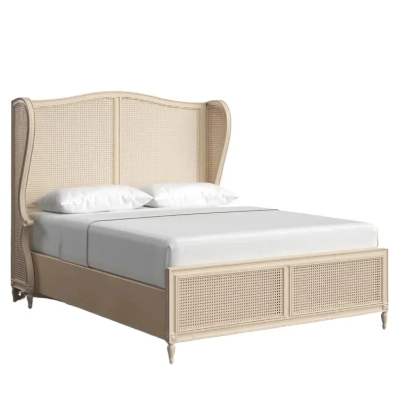 

Solid wood rattan modern minimalist small apartment bedroom wabi-sabi full solid wood retro French 1.8m double rattan bed