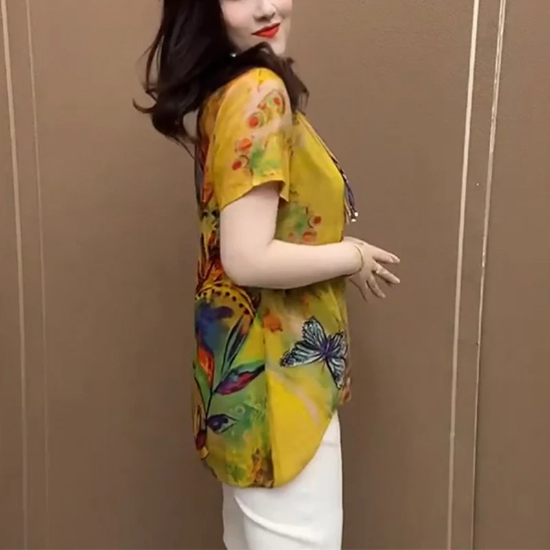 summer new Chinese style vintage irregular printing shirt ladies short sleeve temperament patchwork pullover top women oversized