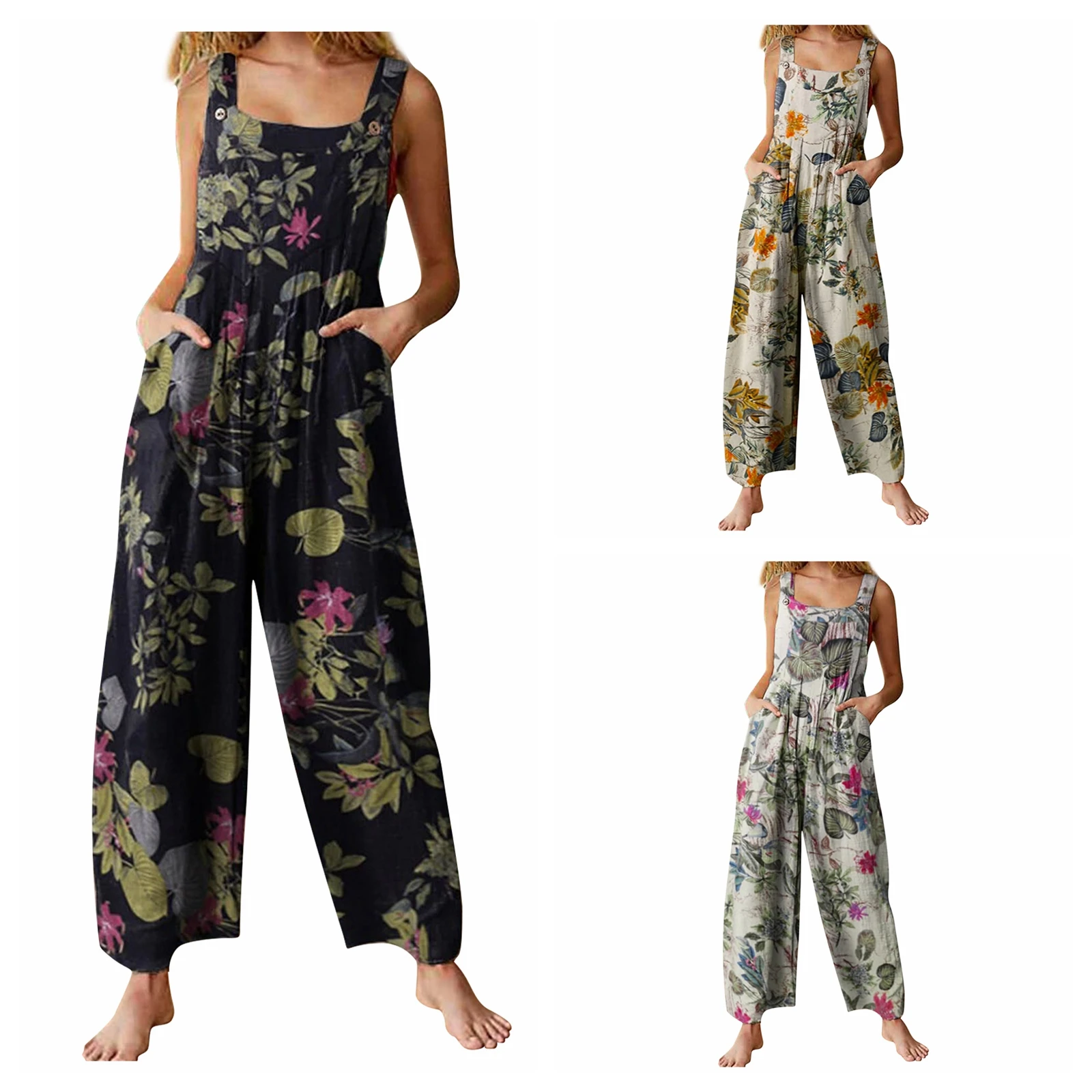 

Women Plus Sizes Jumpsuit Leaf Floral Print Square Neck Sleeveless Casual Overalls with Pockets for Girls 3 Colors