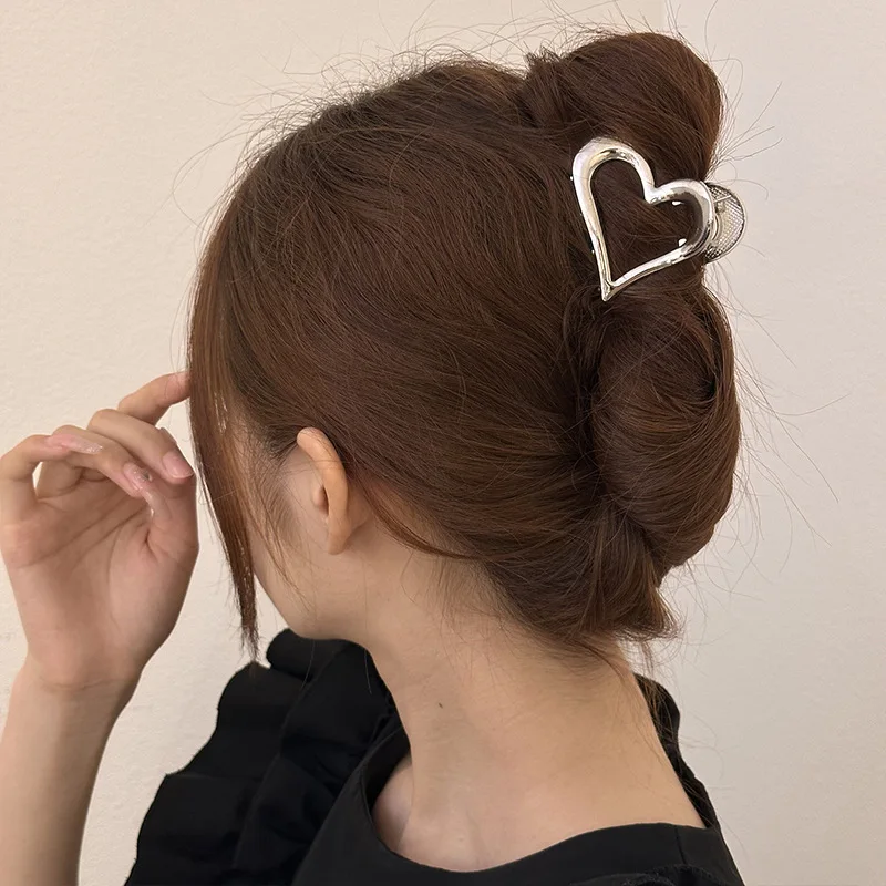 Pince à Cheveux en Métal localité et Argenté en Forme de Cœur Creux, Barrettes Géométriques Simples pour Queue de Cheval, Accessoires Cadeaux pour Femme et Fille