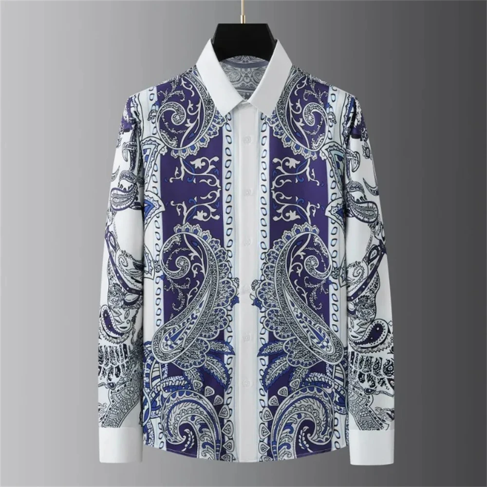 Luxury Printed Shirt Men's Long Sleeve Slim Casual Shirt High Quality Fashionable Popular Extra Large Size No-Iron Men's XS-6XL