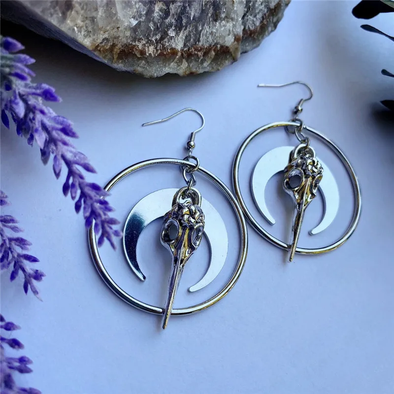Gothic Raven Skull Moon Hoop Earrings - Silver Plated Crow Skull & Crescent Moon Drop Earrings, Dark Grunge Jewelry For Women