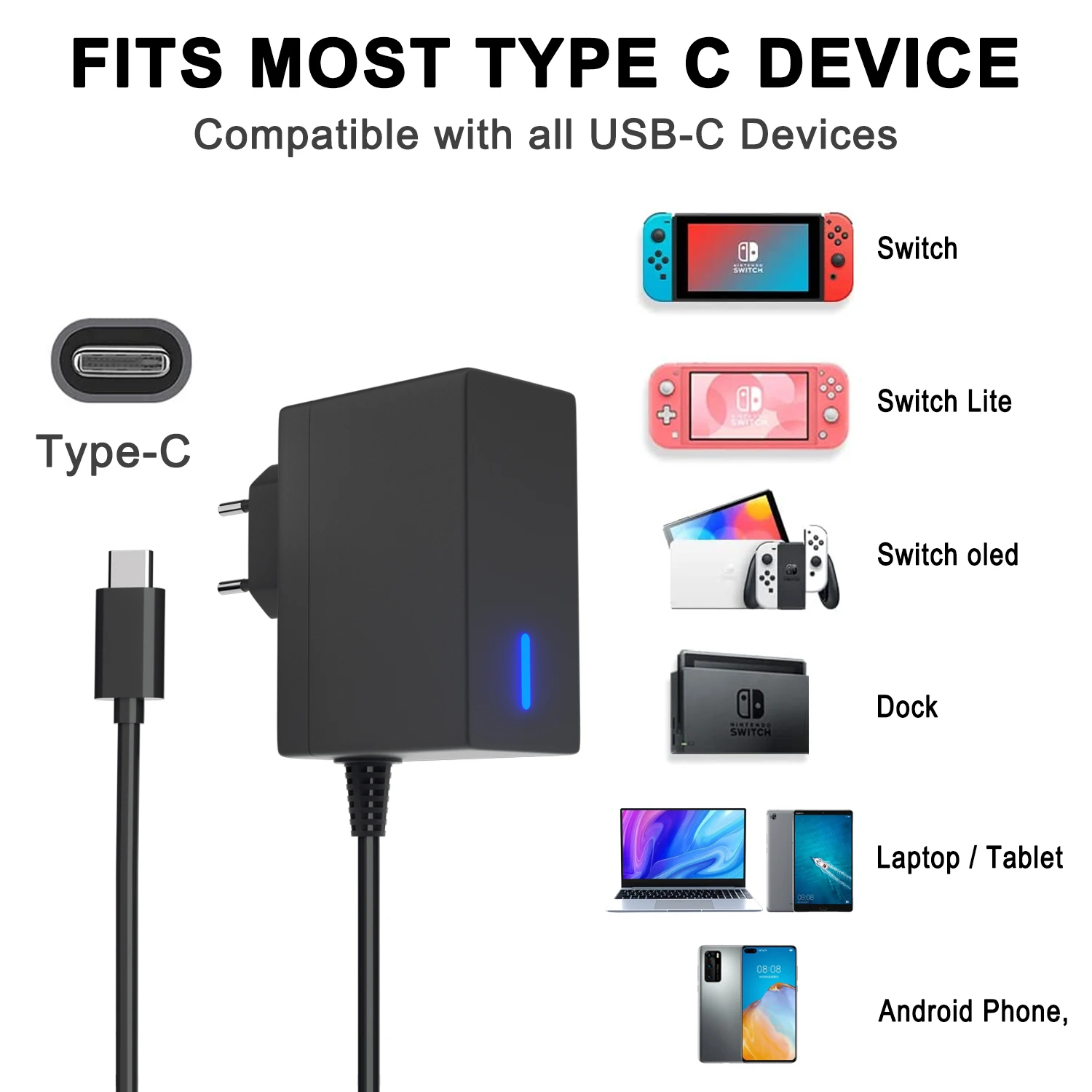 Przełącznik Szybka ładowarka Zasilacz sieciowy Ładowarka do Nintendo Switch, Switch Lite i Switch OLED, Laptop, Telefon komórkowy. Obsługuje tryb telewizyjny