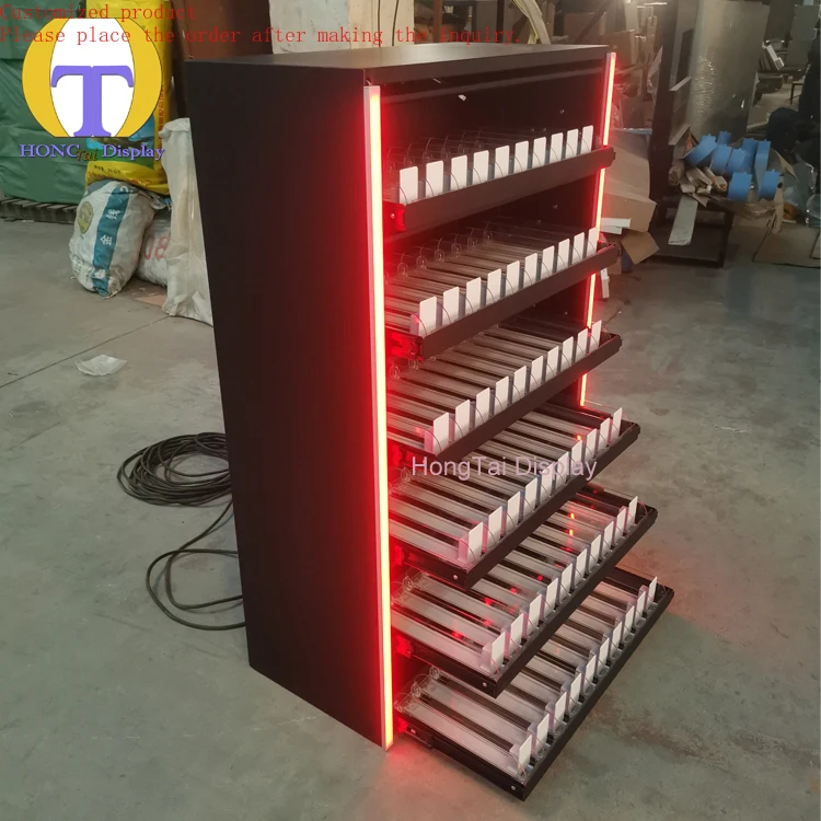 

Custom.Colorful LED Light Metal Rack Acrylic Pusher Flip Door Smoke Shops' Cigarette Display Showcase