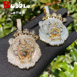 Bubble Letter Lion Crown Necklace for Men Iced Out Prong Setting Pendant Chain  Double Color Hip Hop Jewelry