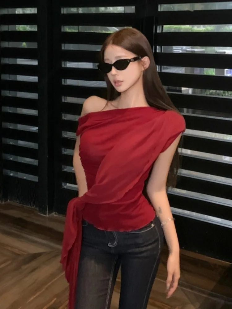 Ele round Ne Acetate Knit Top oulder Bared Draped Decoration رومانسي متعدد الاتجاهات ملابس صيفية رفيعة للغاية ort Sve