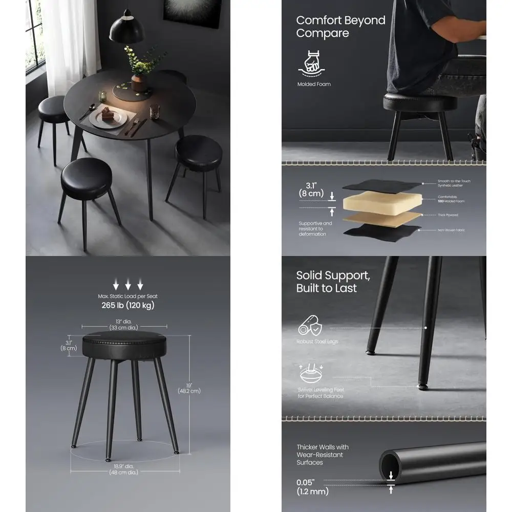 Set of 4 Upholstered Dining Chairs and Stools, Synthetic Leather with Stitching, Suitable for Kitchen and Vanity Use