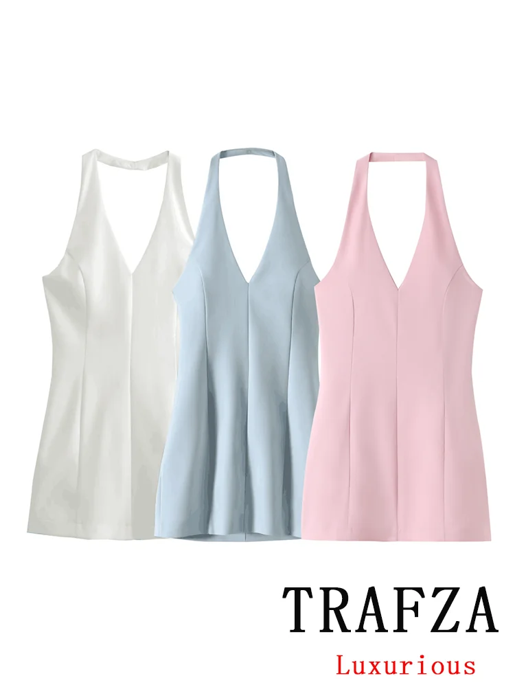 TRAFZA Vintage Chic Casual Sexy Women Dress Solid Halter Backless Sleeveless Mini Vestidos New Fashion 2024 Summer Holiday Dress