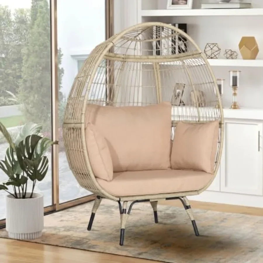 Outdoor Indoor Oversized Wicker Hammock Chair in Beige PE Rattan with Thick Cushions, 2-Person Lounge Swing for Patio Backyard