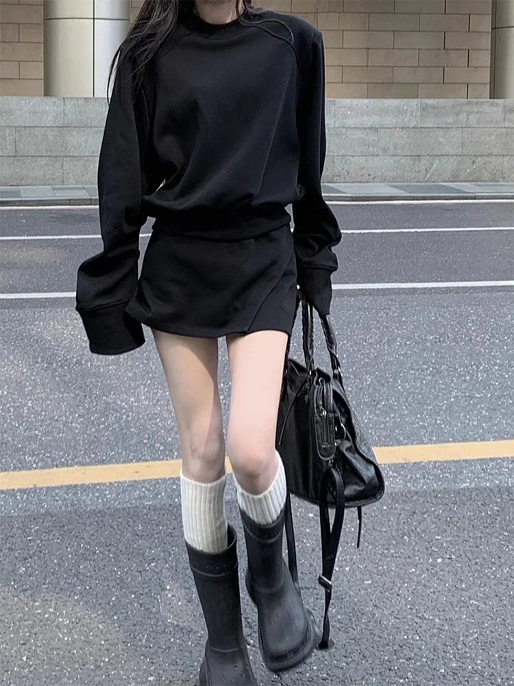 

Korean Fashion Simple Casual New Women Two Piece Skirt Sets O Neck Long Sleeve Sweatshirt + High Waist A Line Mini Skirt Sets